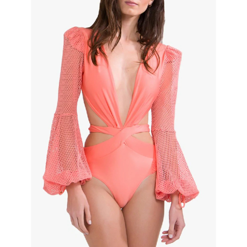 PatBO RARE Mesh Long Sleeve Plunge Front One Piece Swimsuit Coral Salmon